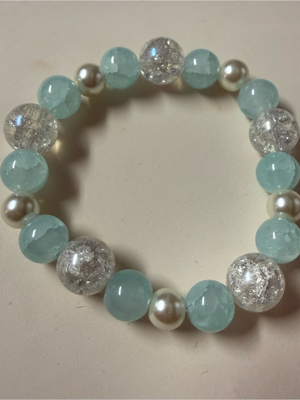 Handmade Aqua and Pearl Stretch Bracelet